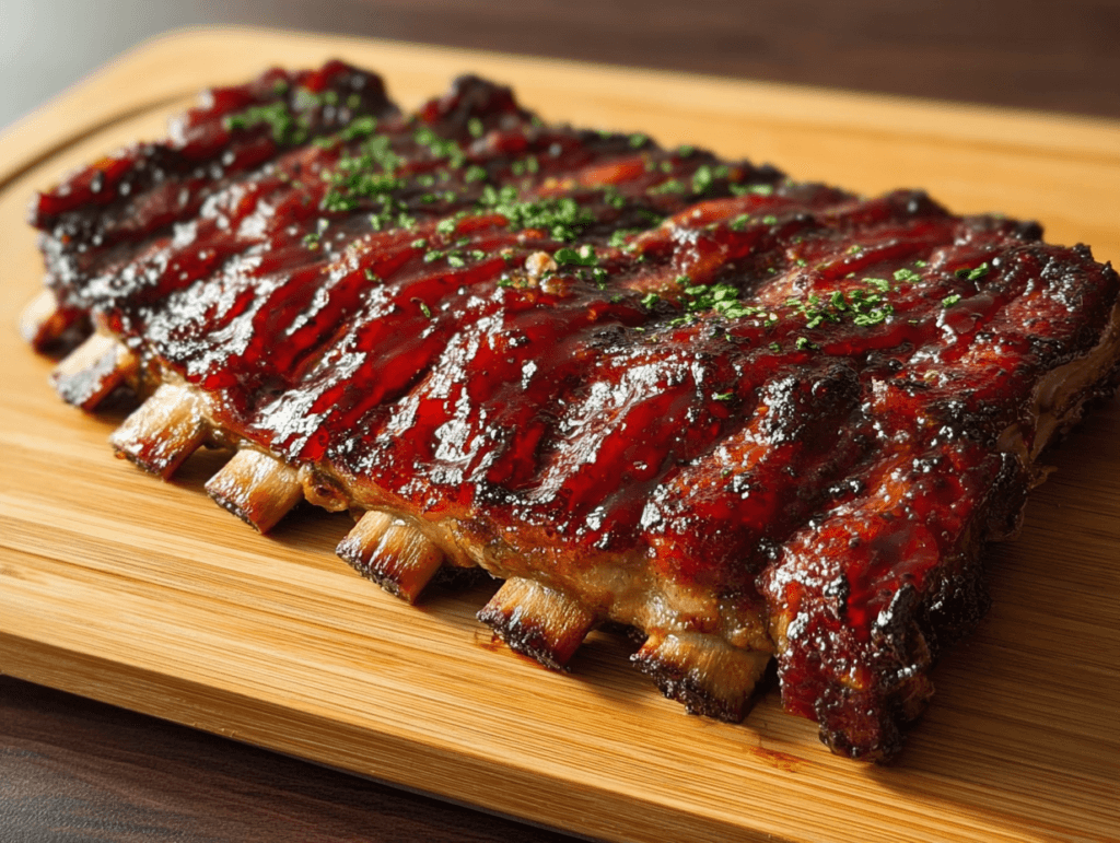 Juicy, slow-cooked dino ribs glazed with BBQ sauce, served on a rustic wooden board with fresh herbs and roasted vegetables."