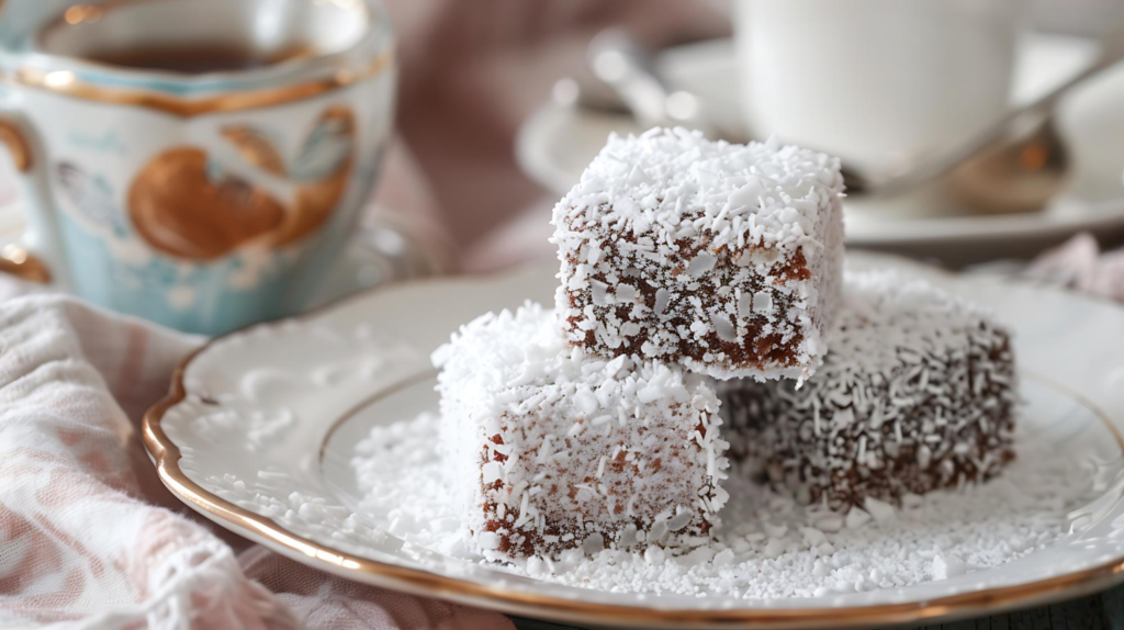 A slice of chocolate coconut cake on a white plate, showing layers of moist chocolate cake and creamy white coconut frosting. The cake is topped with a generous sprinkle of shredded coconut, with crumbs and coconut flakes scattered around. A fork rests beside the slice.