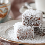 A slice of chocolate coconut cake on a white plate, showing layers of moist chocolate cake and creamy white coconut frosting. The cake is topped with a generous sprinkle of shredded coconut, with crumbs and coconut flakes scattered around. A fork rests beside the slice.