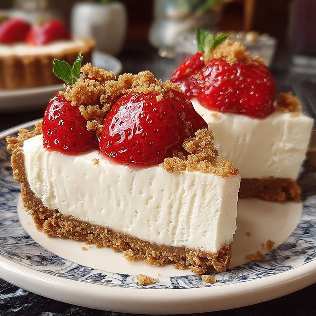 A slice of creamy no-bake cheesecake on a plate, topped with fresh strawberries and a mint sprig, with a golden graham cracker crust.