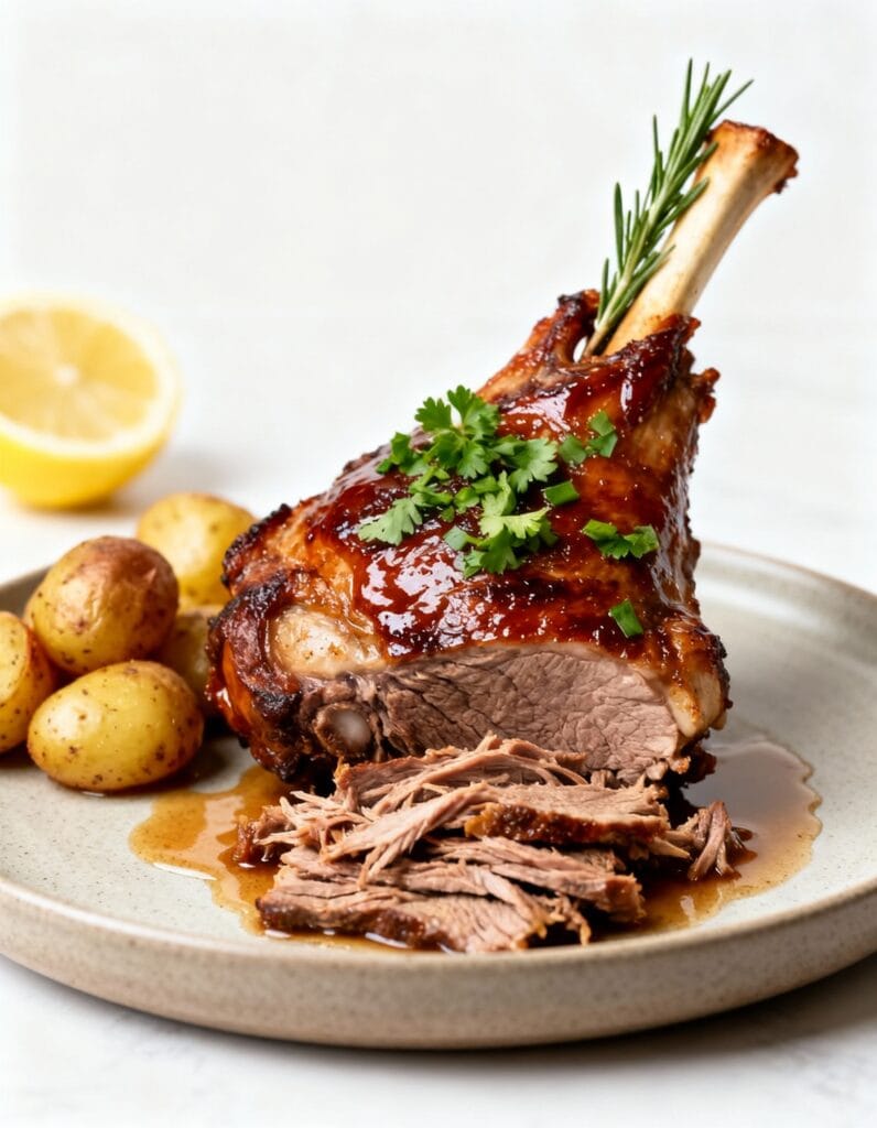 Close-up of a beautifully roasted lamb rack with a rich, golden-brown crust and garnished with fresh herbs.