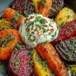Vibrant autumn salad with roasted beets, carrots, creamy burrata, and fresh greens on a rustic plate