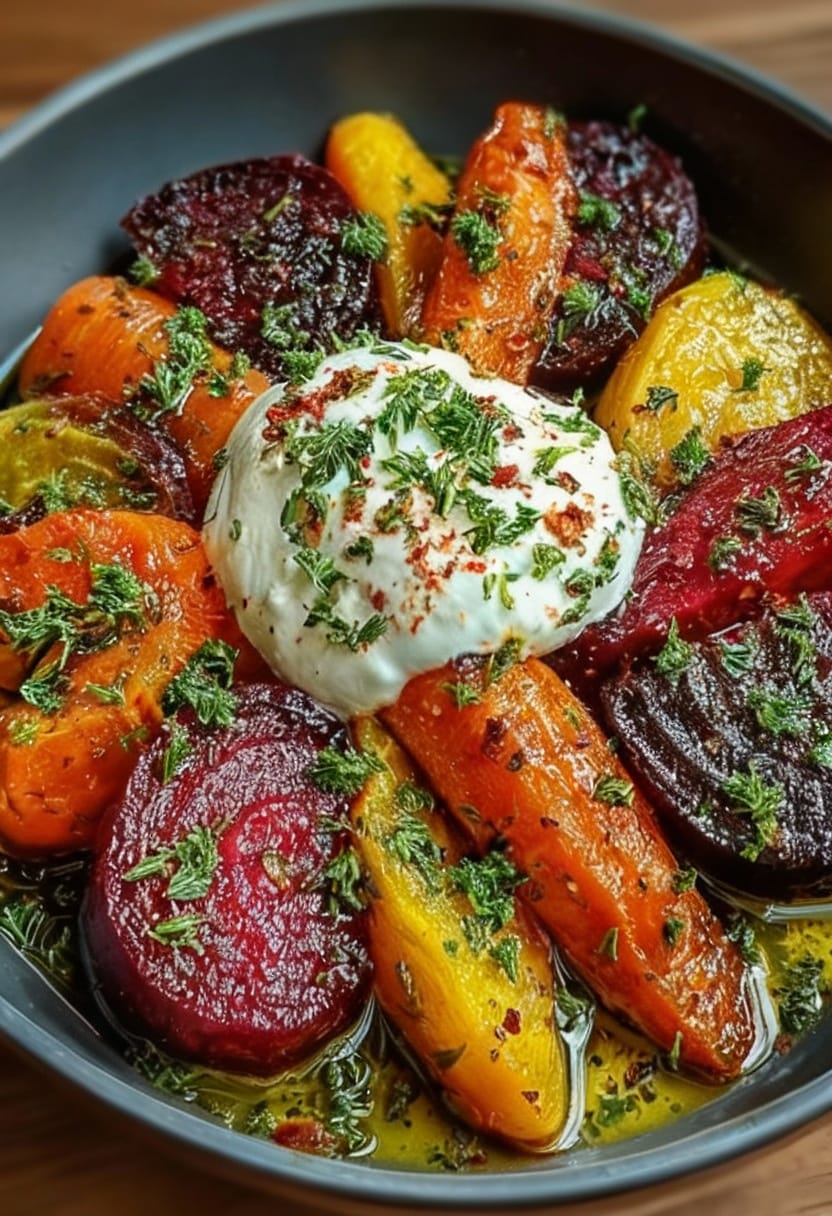 Vibrant autumn salad with roasted beets, carrots, creamy burrata, and fresh greens on a rustic plate