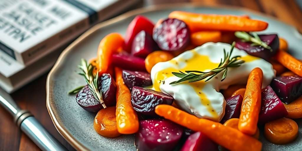 Festive fall salad with roasted vegetables, burrata, and greens styled for a holiday table"