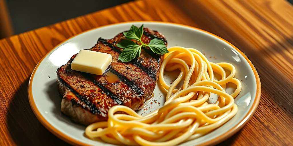Close-up of sliced garlic butter steak served over glossy soy-garlic noodles with scallions