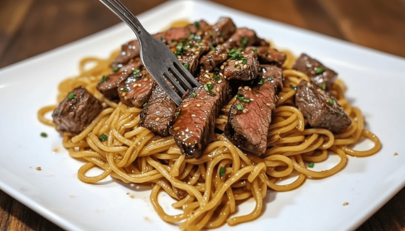 "Plate of sliced garlic butter steak served on top of glossy stir-fried noodles with scallions and garlic